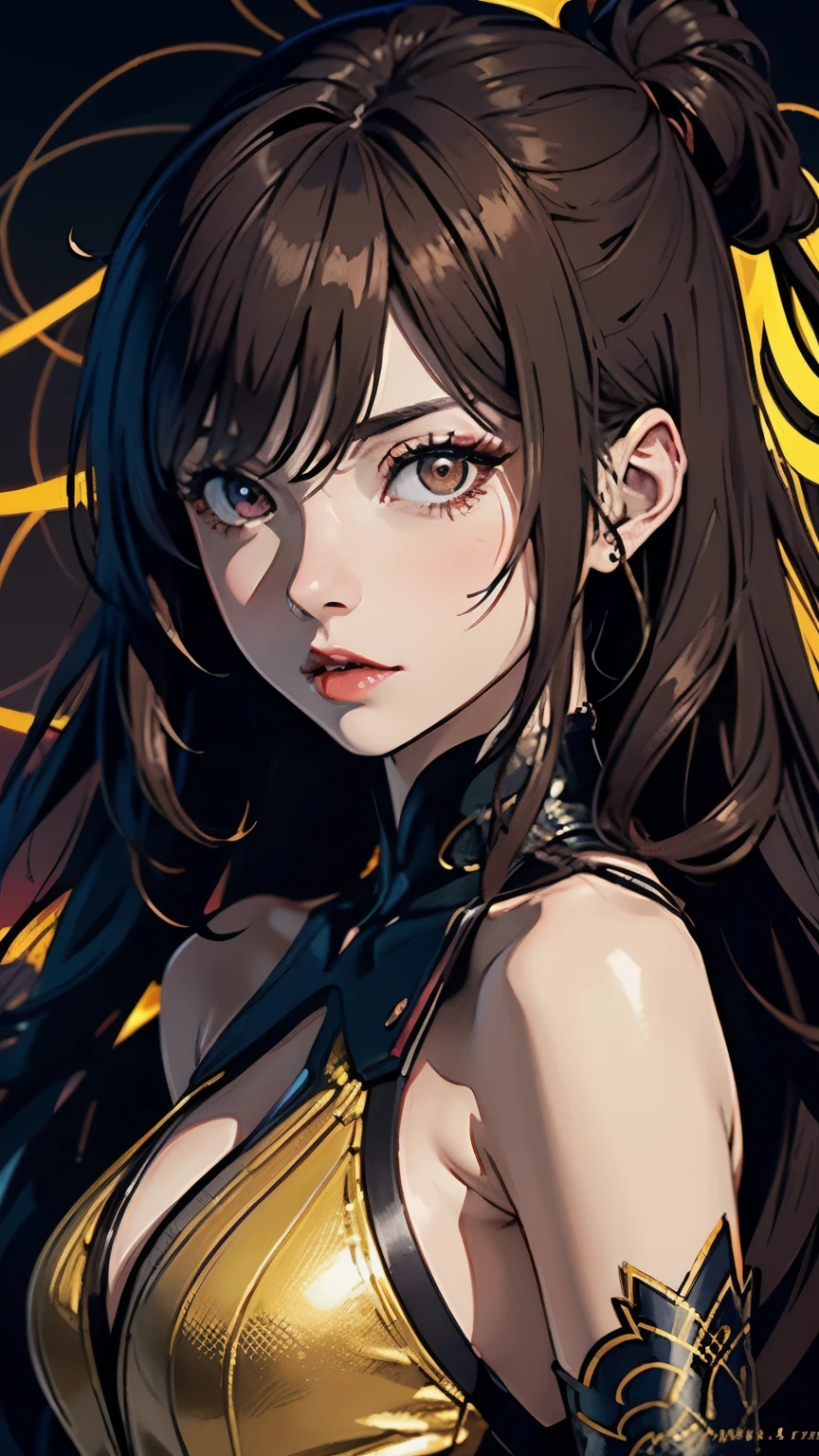 Amidst a cacophony of vibrant neon colours across her upper body, a seductive, sinister anime woman with wavy brown hair, bright red lipstick and brown eyes stares out at the world while immersed in a metamorphosis-induced hallucination. Reminiscent of a bold neon golden lion, this captivating illustration captures her twisted beauty and inner turmoil in an anime-style painting. Every detail, from the intricate design of her dress to the intensity of her facial expression, has been meticulously crafted to create an image of exceptional quality that is both visually stunning and emotionally compelling.