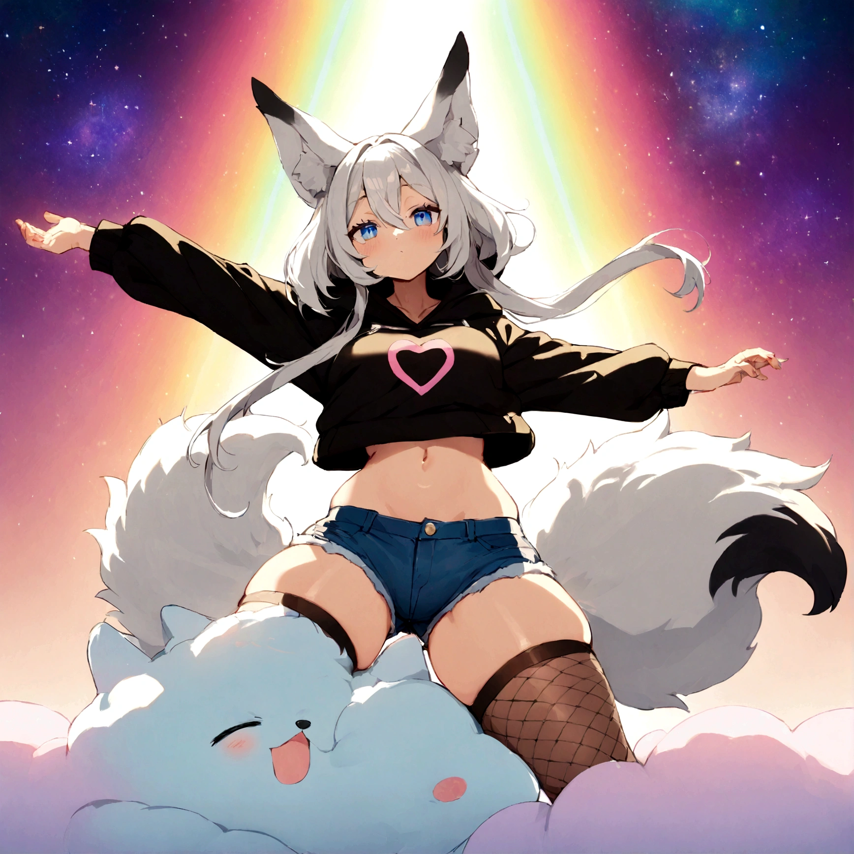 a cute adult male with wolf ears,long white hair with long locks, has a wolf tail, wearing a loose cropped oversized black hoodie, wearing a pair of denim short shorts and thigh high fishnet stockings, thick thighs, wide hips, relaxing on mound of fluffy multi colored kawaii plushies, short, very slim, showing slender tummy, stretching out, heart on hoodie, squishy thighs, has glowing blue eyes. alone, solo (ALONE)(SOLO), surrounded by rainbows, colorful galaxy backround, nice butt