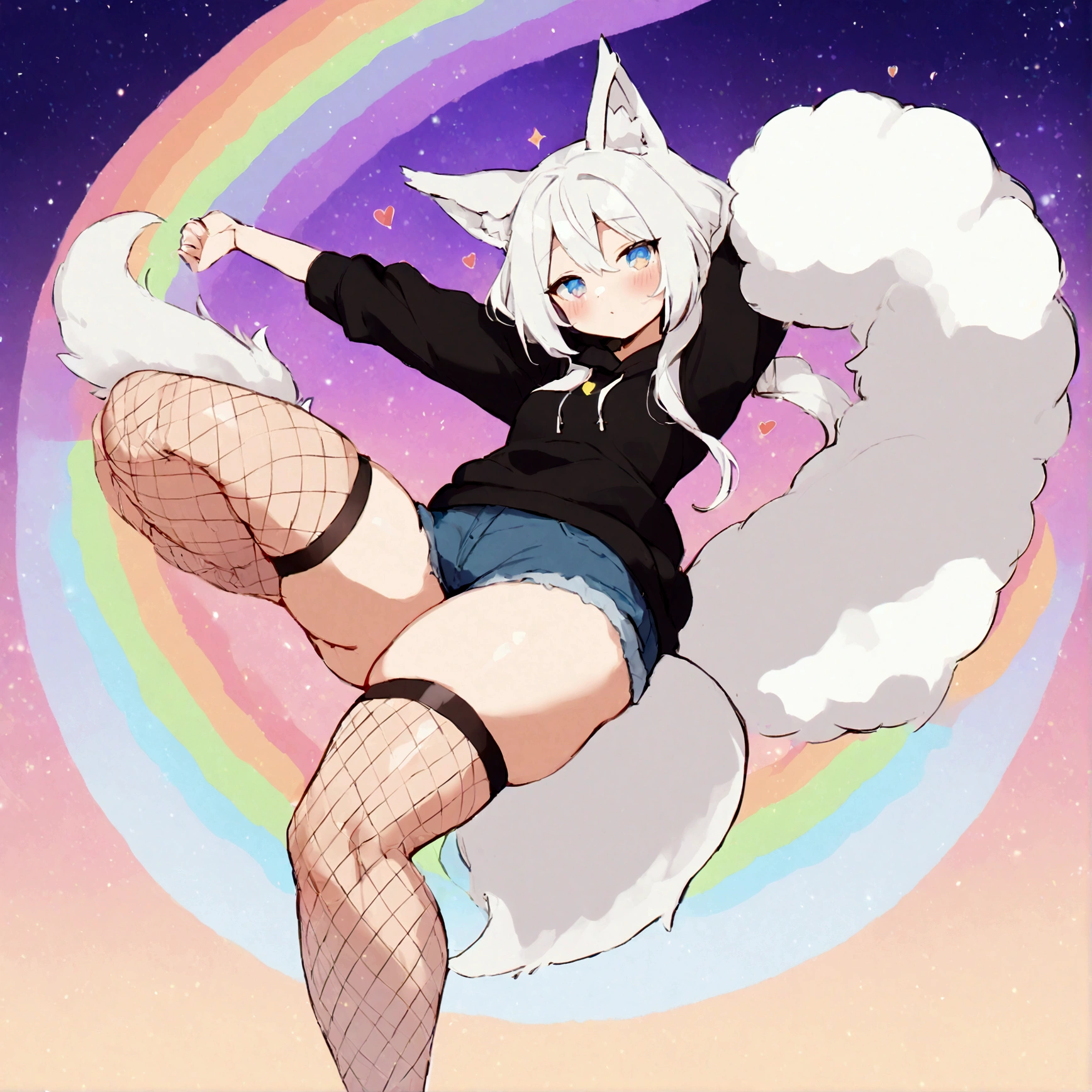 a cute adult male with wolf ears,long white hair with long locks, has a wolf tail, wearing a loose cropped oversized black hoodie, wearing a pair of denim short shorts and thigh high fishnet stockings, thick thighs, wide hips, relaxing on mound of fluffy multi colored kawaii plushies, short, very slim, showing slender tummy, stretching out, heart on hoodie, squishy thighs, has glowing blue eyes. alone, solo (ALONE)(SOLO), surrounded by rainbows, colorful galaxy backround, nice butt