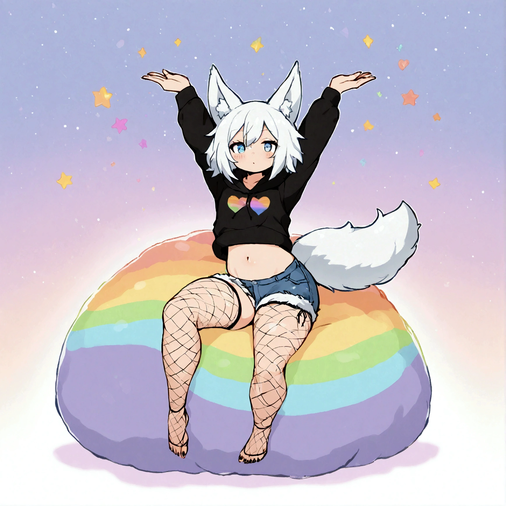a cute adult male with wolf ears,long white hair with long locks, has a wolf tail, wearing a loose cropped oversized black hoodie, wearing a pair of denim short shorts and thigh high fishnet stockings, thick thighs, wide hips, relaxing on mound of fluffy multi colored kawaii plushies, short, very slim, showing slender tummy, stretching out, heart on hoodie, squishy thighs, has glowing blue eyes. alone, solo (ALONE)(SOLO), surrounded by rainbows, colorful galaxy backround, nice butt