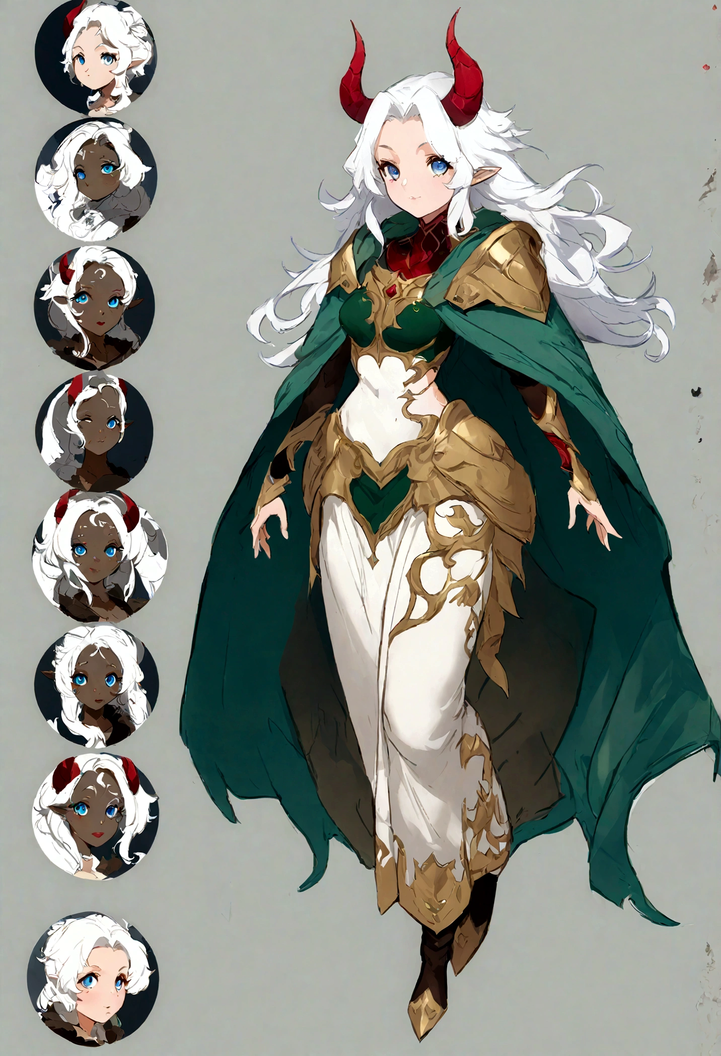 anime character with a white hair and blue eyes and a green cape, concept art by senior character artist, trending on pixiv, fantasy art, trending on artstation pixiv, girl design lush horns, character adoptable, [ character design ], full body adoptable, detailed anime character art, pretty anime character design, anime character design, high quality character design, demon noble character design