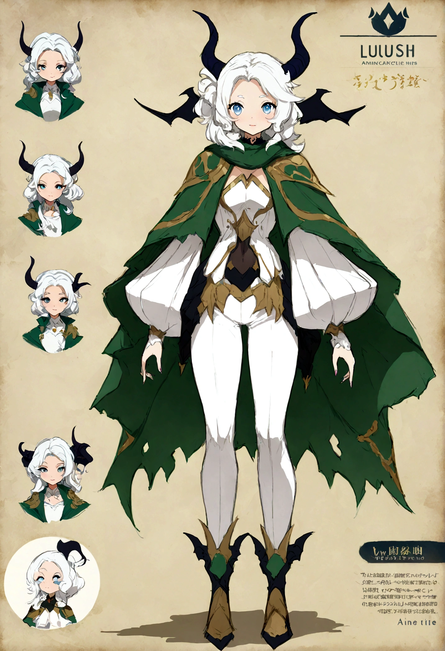 anime character with a white hair and blue eyes and a green cape, concept art by senior character artist, trending on pixiv, fantasy art, trending on artstation pixiv, girl design lush horns, character adoptable, [ character design ], full body adoptable, detailed anime character art, pretty anime character design, anime character design, high quality character design, demon noble character design