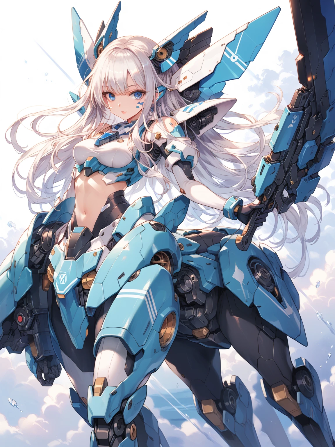 score_9, score_8_up, score_7_up, source_anime,masterpiece, best quality, high resolution, extremely detailed CG, absurdres, highres, ((perfect face, detailed face)), 1girl, solo, A mecha centaur girl, mecha girl, ((white_outfit with blue_praints)), holding weapon, mecha long gun, outdoors, high contrast, ((gloss))