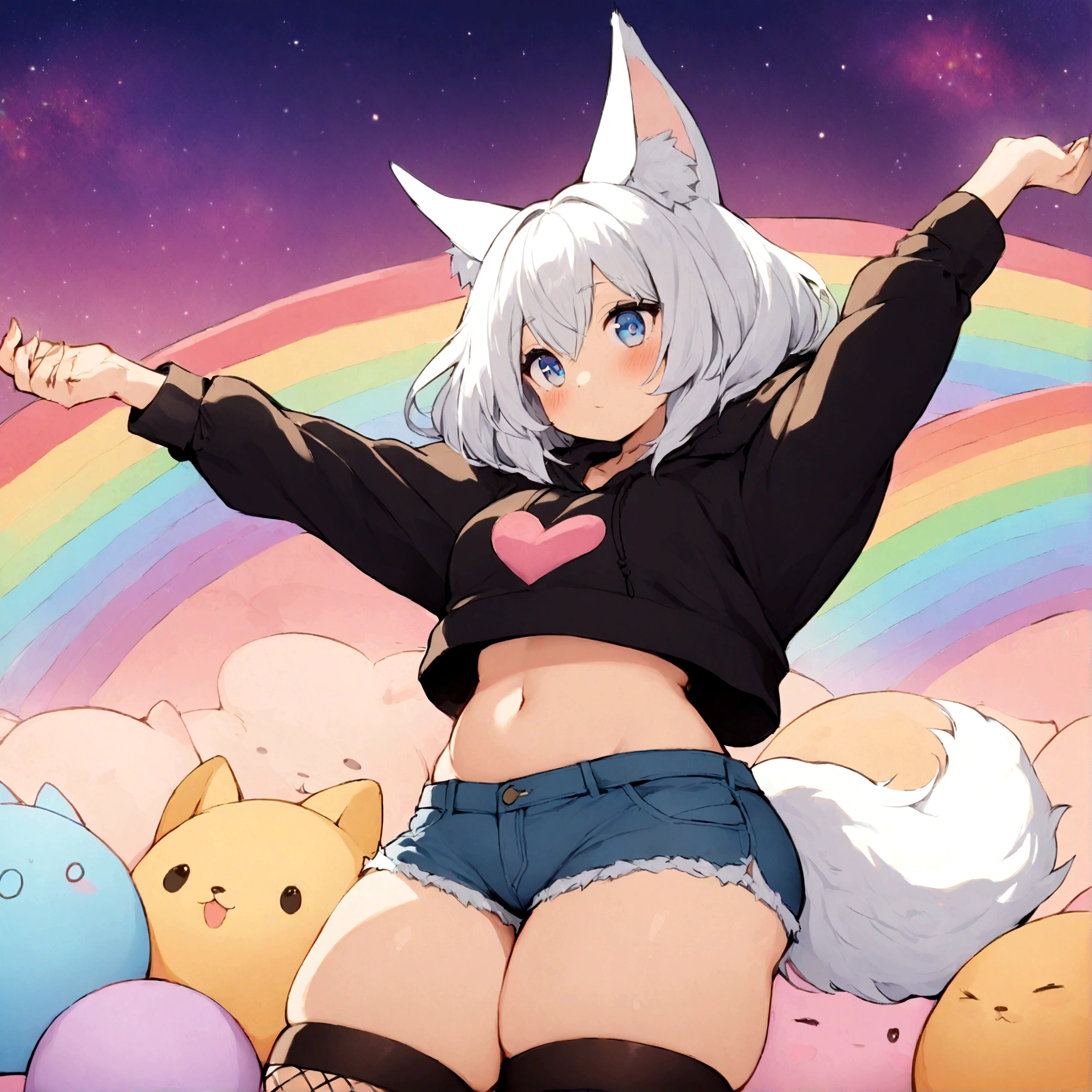 a cute adult male with wolf ears,long white hair with long locks, has a wolf tail, wearing a loose cropped oversized black hoodie, wearing a pair of denim short shorts and thigh high fishnet stockings, thick thighs, wide hips, relaxing on mound of fluffy multi colored kawaii plushies, short, very slim, showing slender tummy, stretching out, heart on hoodie, squishy thighs, has glowing blue eyes. alone, solo (ALONE)(SOLO), surrounded by rainbows, colorful galaxy backround, nice butt