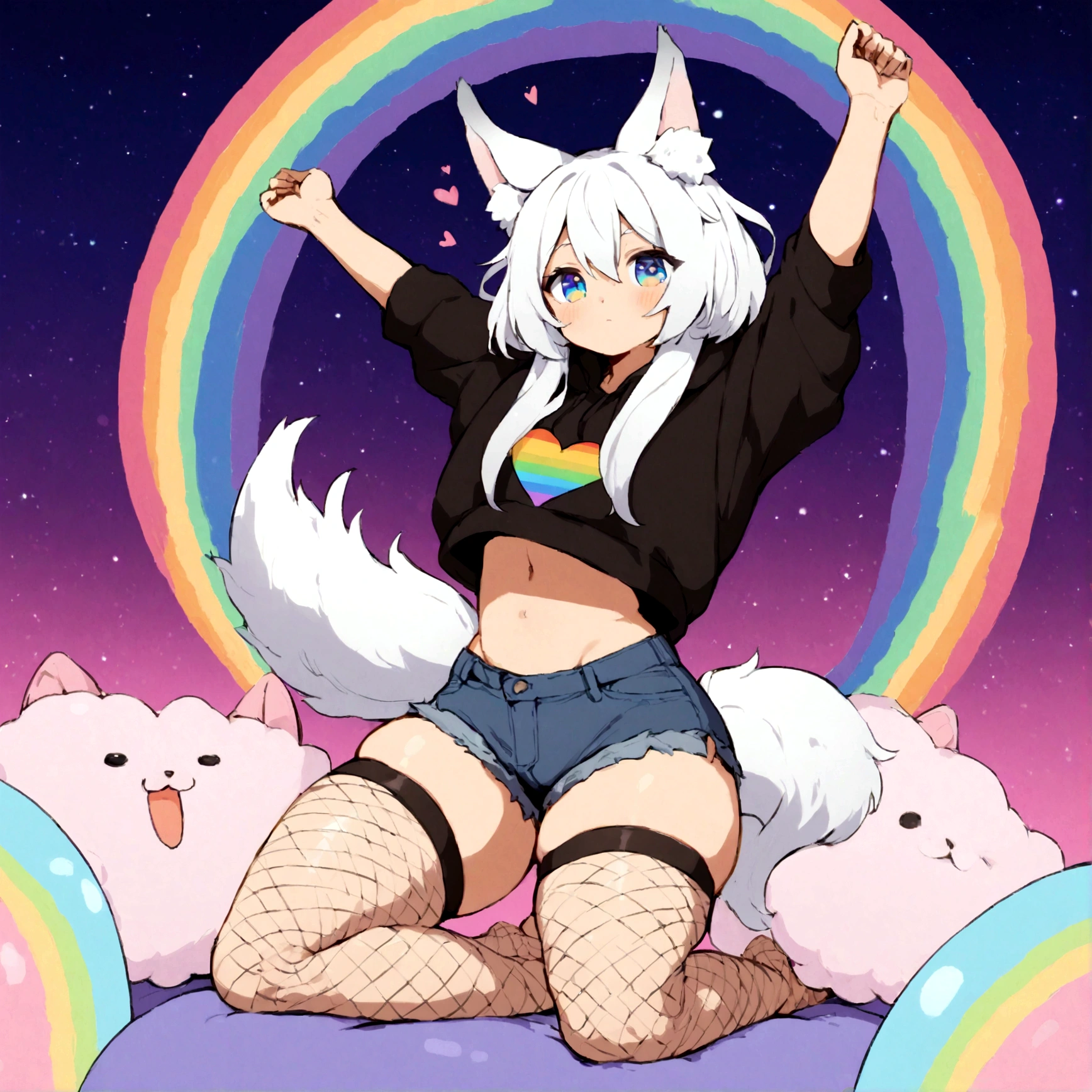 a cute adult male with wolf ears,long white hair with long locks, has a wolf tail, wearing a loose cropped oversized black hoodie, wearing a pair of denim short shorts and thigh high fishnet stockings, thick thighs, wide hips, relaxing on mound of fluffy multi colored kawaii plushies, short, very slim, showing slender tummy, stretching out, heart on hoodie, squishy thighs, has glowing blue eyes. alone, solo (ALONE)(SOLO), surrounded by rainbows, colorful galaxy backround, nice butt