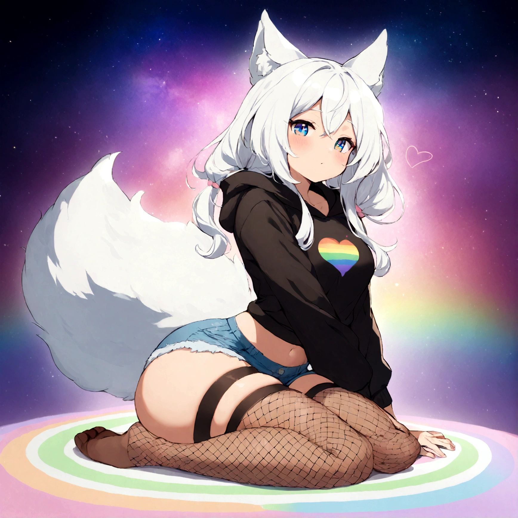 a cute adult male with wolf ears,long white hair with long locks, has a wolf tail, wearing a loose cropped oversized black hoodie, wearing a pair of denim short shorts and thigh high fishnet stockings, thick thighs, wide hips, relaxing on mound of fluffy multi colored kawaii plushies, short, very slim, showing slender tummy, stretching out, heart on hoodie, squishy thighs, has glowing blue eyes. alone, solo (ALONE)(SOLO), surrounded by rainbows, colorful galaxy backround, nice butt