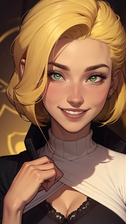 A close-up of a woman in a sweater, uma garota, uma beautiful mulher com cabelo preto, uma cute young garota loira, She is blonde, uma mulher loira, uma jovem loira, black head, decote, one is short blonde blonde, sardas fofas, lindo sorriso sedutor, com cabelos loiros e olhos verdes, linda e sorridente, sorrindo sedutoramente.