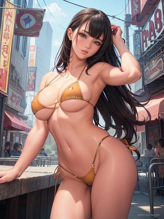 (masterpiece, 最好of质量, Super detailed, 8k wallpaper, realistically), (from behind), 1 girl, Curvy but slender, 巨bigof,big breasts，big, curls, Headband, bracelet, printed colorful micro bikini, Santorini Beach, raise arms, comparing, of, 自然柔和of光线,  Skyline, night