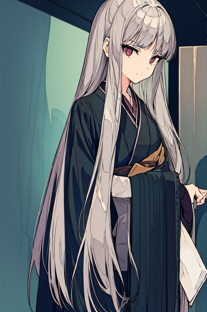 （high quality），（masterpiece），Gray Hair，Girl，Poker face，flat chest，holding sword,，Black Kimono，coat，serious，solo，