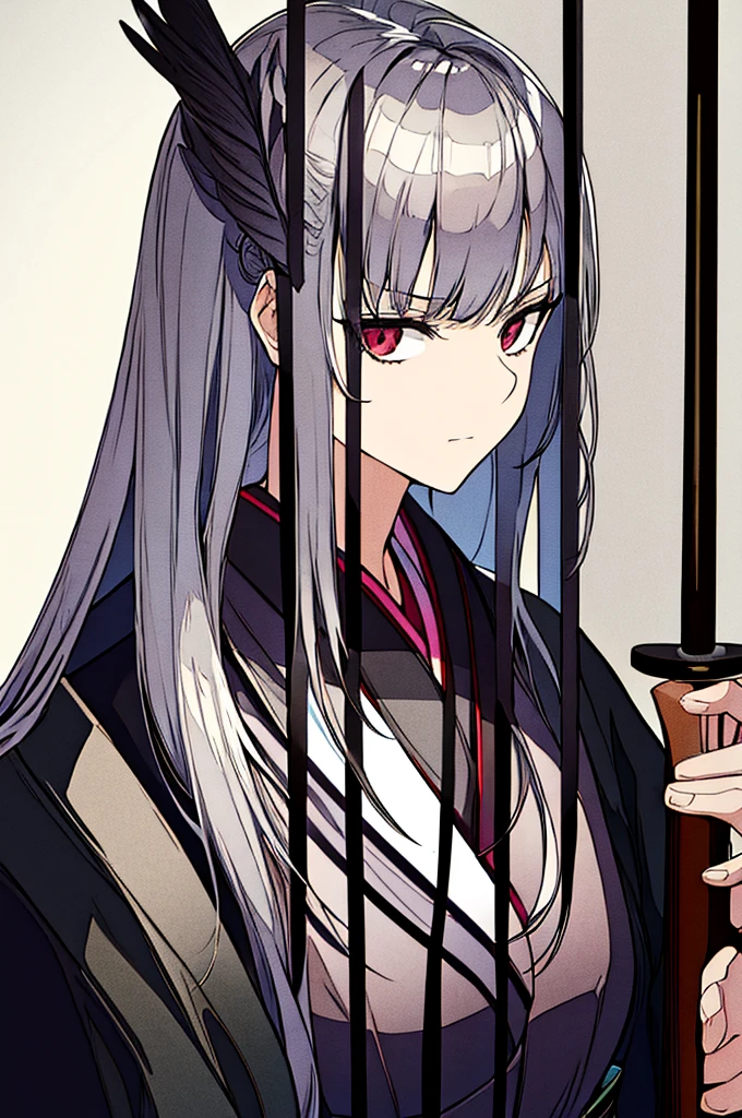 (high quality),(masterpiece),Gray Hair,Girl,Poker face,flat chest,holding sword,,Black Kimono,coat,serious,solo,
