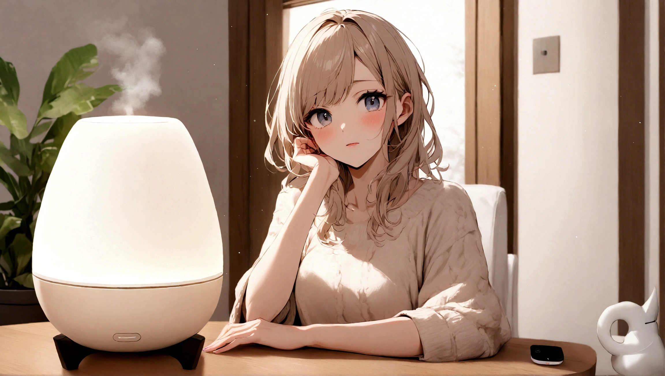 Young woman relaxing with aroma diffuser