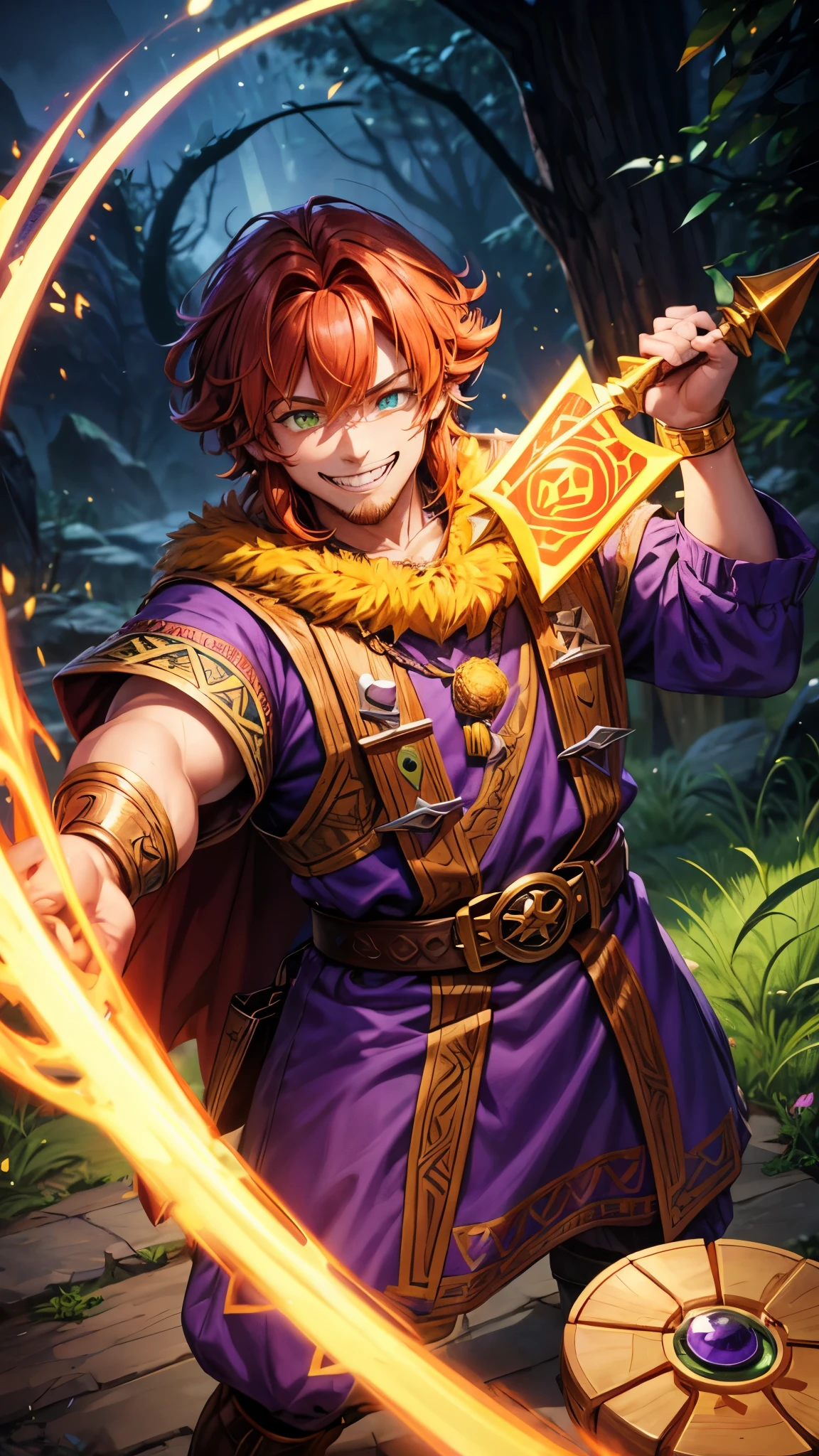 Male dwarf, druid, auburn hair, green glowing eyes, purple outfit with orange and yellow trim, holding a wooden shield, big smile with sharp teeth