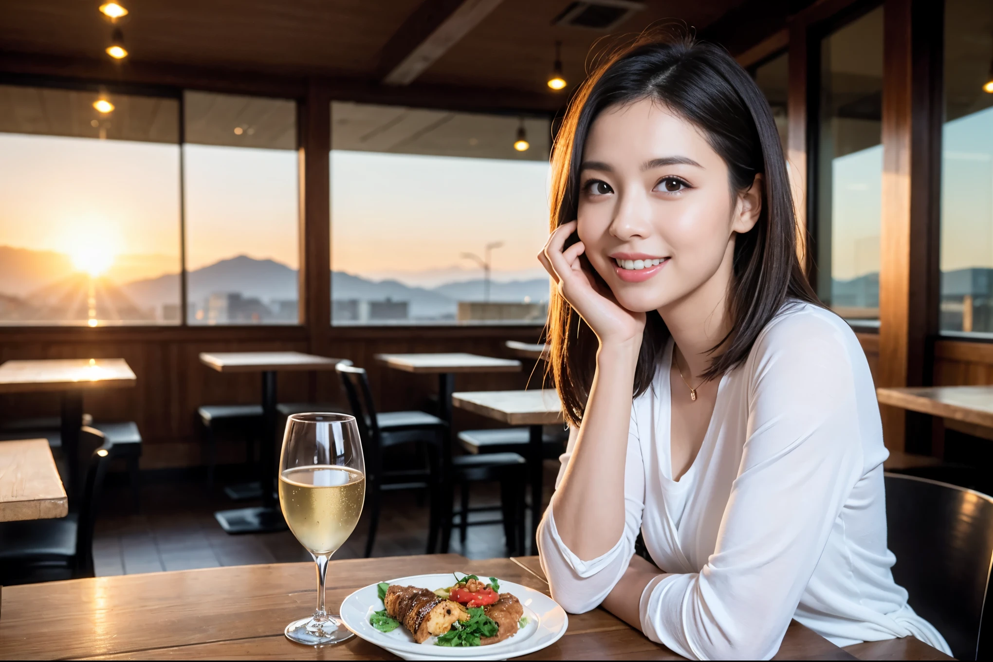 ((highest quality、8k、masterpiece:1.3))、Ray Dan lookalike beauty、1 male、1 female、Couple、Spouse、half、The body is slim、((Bob Hale、Straight hair:1.2)), (Realistic, Intricate details:1.2), Wine glass on the table、Shine light on your face、 Amazing view of the sunset sky and clouds、Amazing mountain views、A bright smile、The wonderfulness of smile、Bright image、The beauty of wine, Beautiful Face, blue eyes, The light shines on your face, Blushing, short hair,Bright Face、 (Age 44), 43 years old, red wine 、Appetizers、Italian food、Wine bottle、Champagne、sparkling wine、Two beauties、Brown Hair、Shortcuts、Long sleeve shirt、dress、Pretty Woman 1, (Slim face), (The body is slim), (Brown Hair), (Shortcuts), cheeks turn a little red,Attractive beauty、restaurant, In a prominent place (From the waist up) Nova Frog Style, actress, model, Upper Body, White wine, slim, wine glass, A wine glass placed in the center, smile, (smile: 1.15), Beautiful fine grain, Depth f/2,saturation, High Contrast, Strong light and shadow,Moist Body:1.5、3D texture、Delicate eyes、Brown Hair、The hair is very shiny、