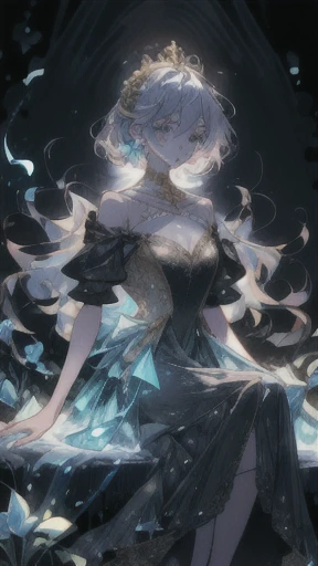 A princess, black (bioluminescent dress), sitting, crystal, flowers, gold