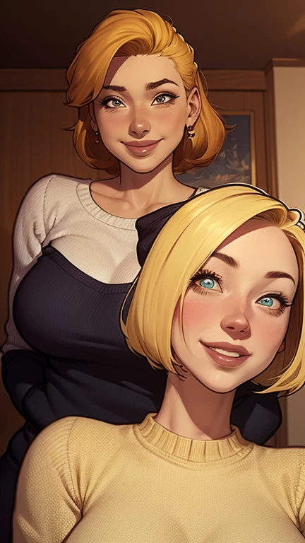 a close-up of a woman in a girl sweater , beautiful mulher ruiva, cute young blonde girl she is blonde , mulher loira, uma jovem loira, Red head, decote, one is short blonde blonde, sardas fofas, lindo sorriso sedutor, com cabelos loiross e olhos verdes, linda e sorridente, sorrindo sedutoramente