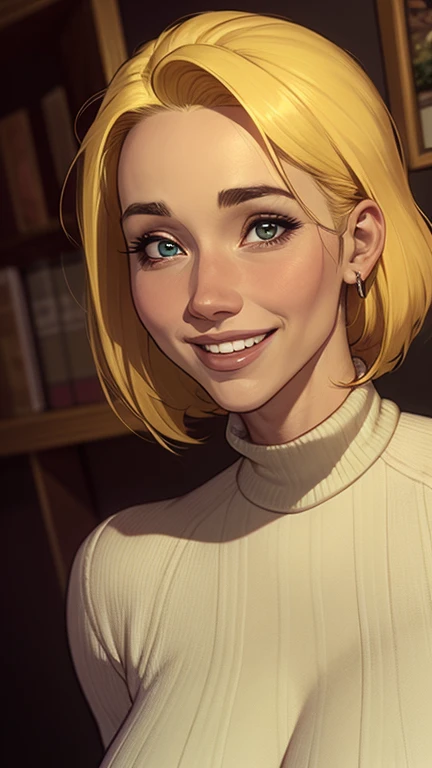 A close-up of a woman in a sweater, uma garota, uma beautiful mulher com cabelo preto, uma cute young garota loira, She is blonde, uma mulher loira, uma jovem loira, black head, decote, one is short blonde blonde, sardas fofas, lindo sorriso sedutor, com cabelos loiros e olhos verdes, linda e sorridente, sorrindo sedutoramente. Jennifer Connelly 