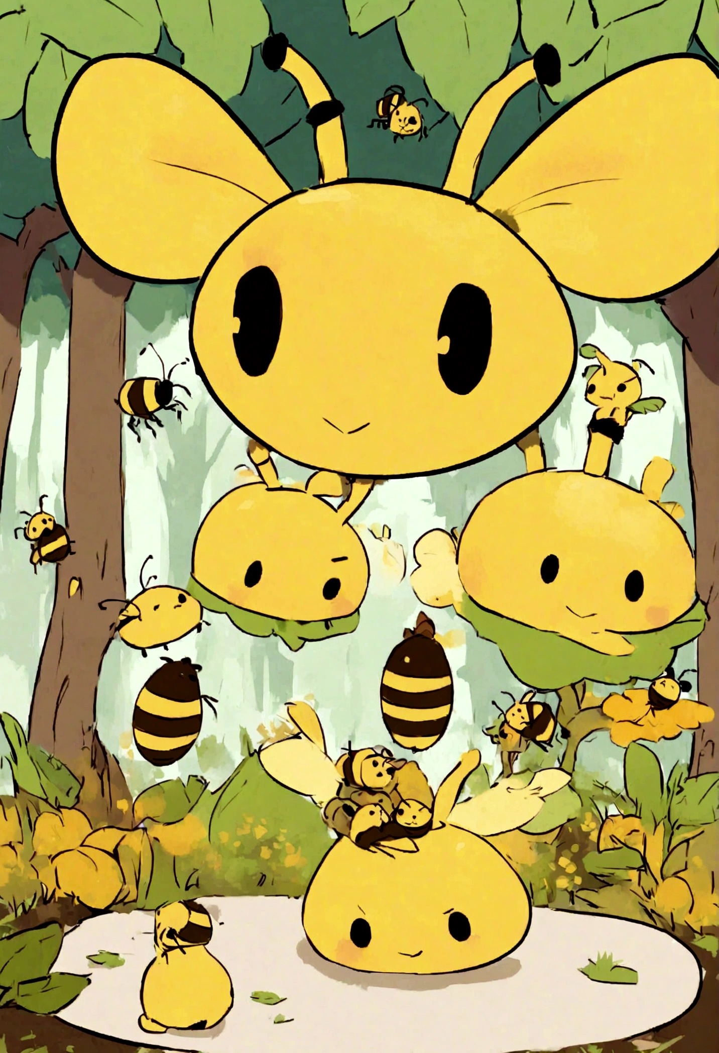 Create illustrations, Bee-like creatures feast on food in the forest. Imagine these bee-like creatures, die den honey