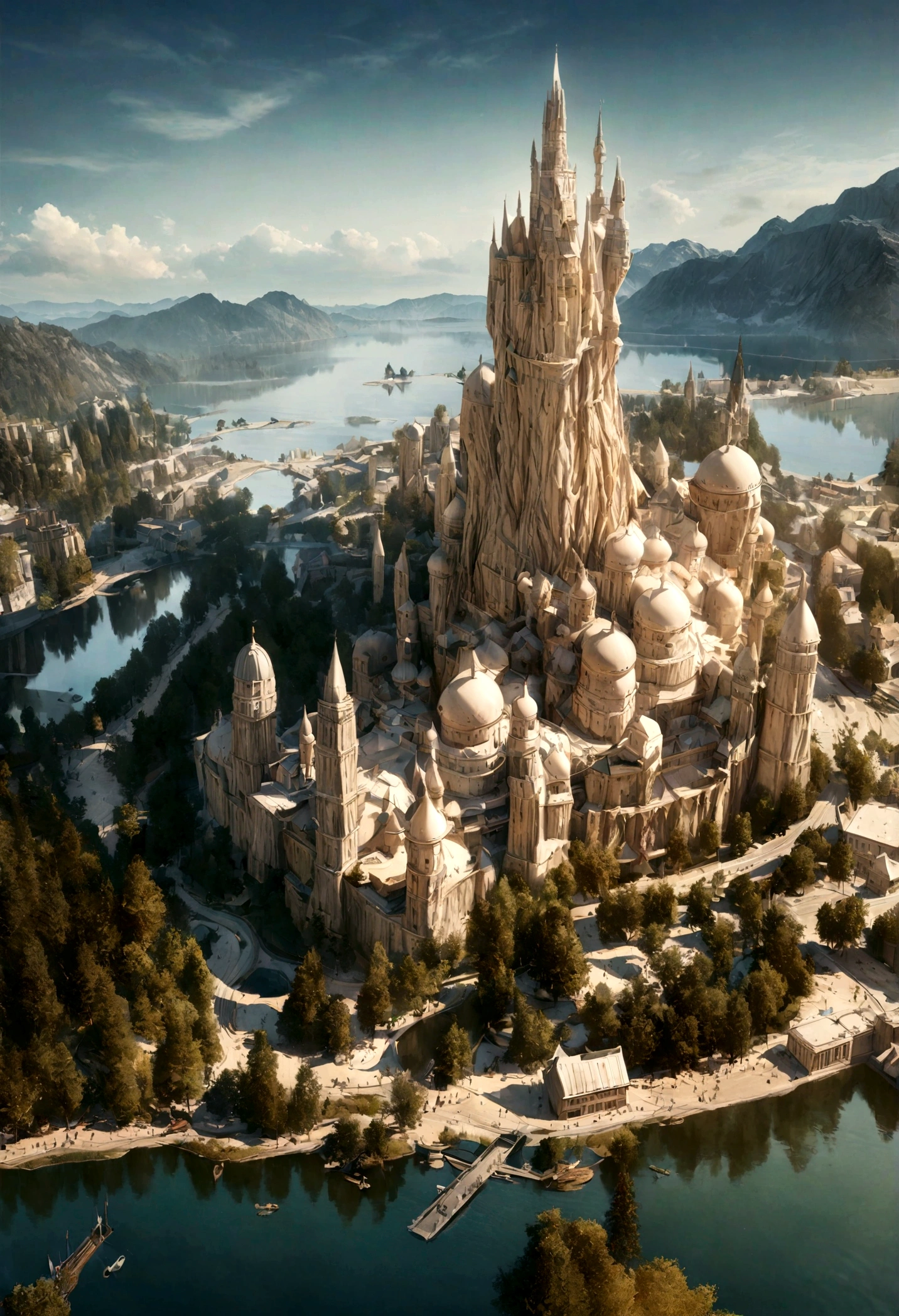 realistic, masterpiece, best quality, high quality, 8k, city in the tree, tree standing on lake, big tree, fantastic city like harry potter.