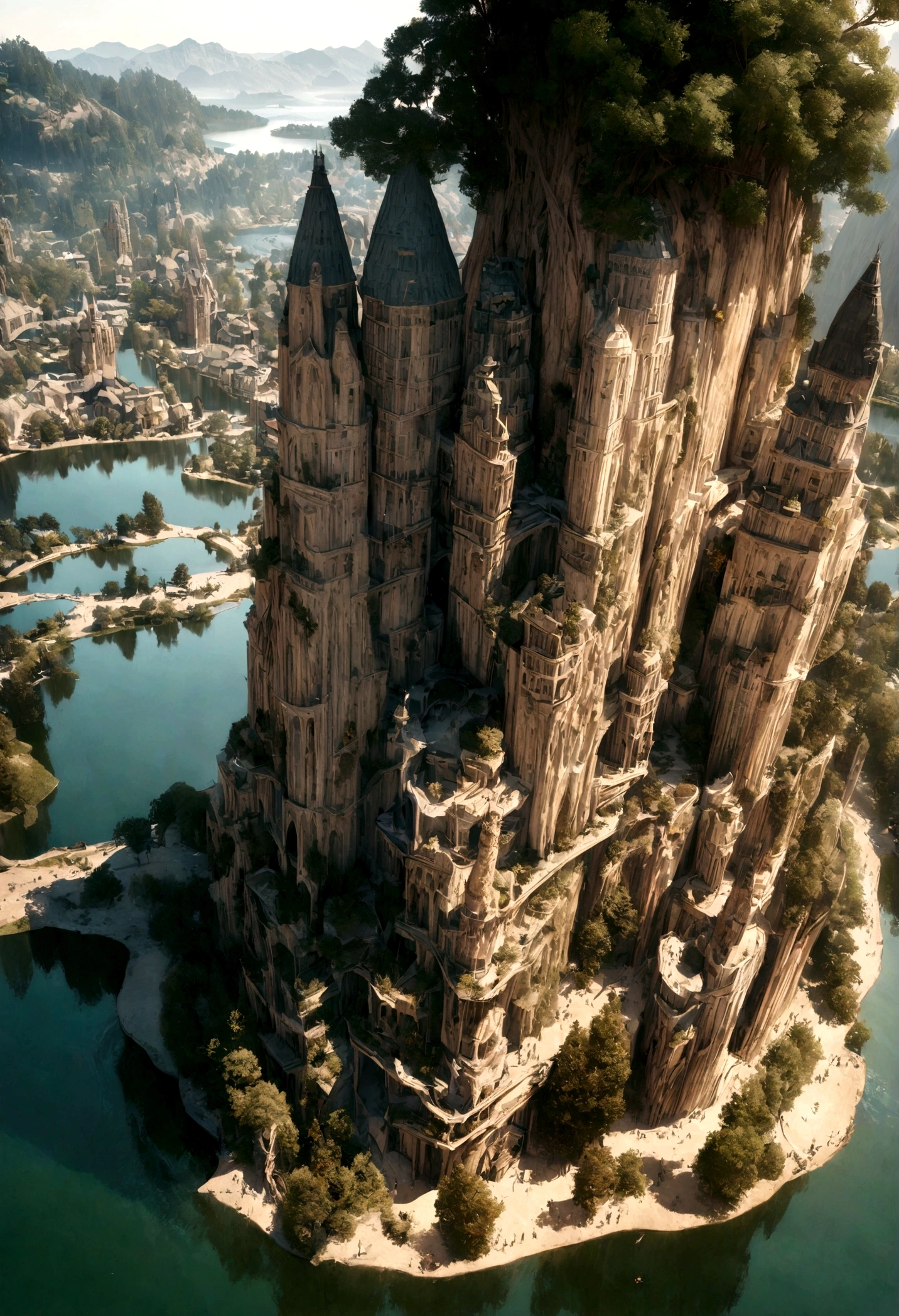 realistic, masterpiece, best quality, high quality, 8k, city in the tree, tree standing on lake, big tree, fantastic city like harry potter.