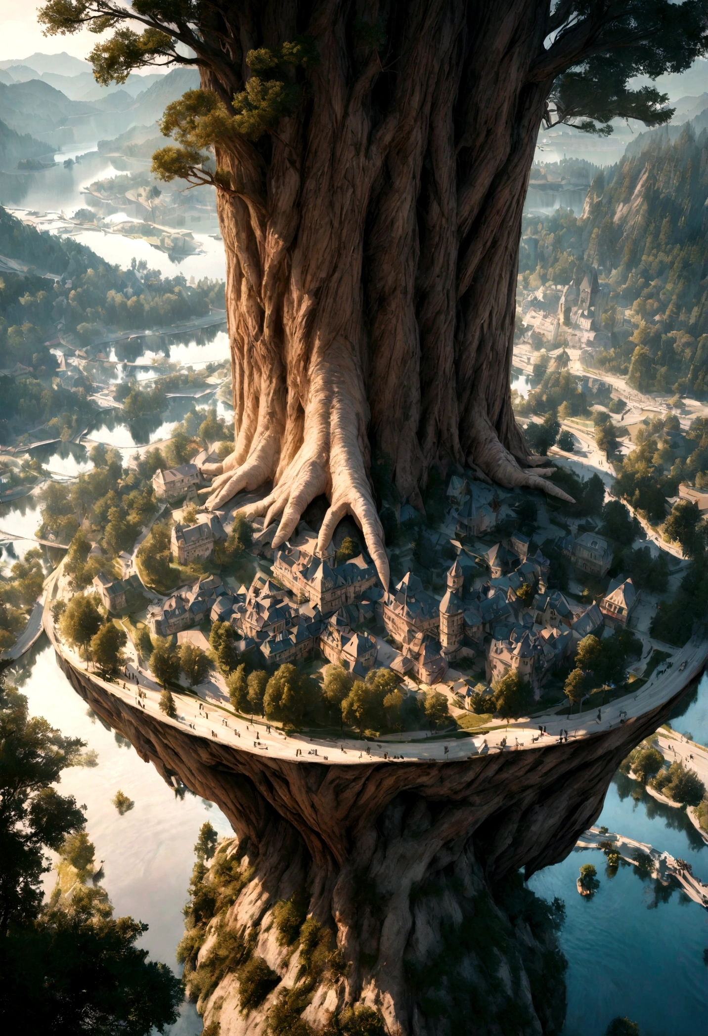 realistic, masterpiece, best quality, high quality, 8k, city in the tree, tree standing on lake, big tree, fantastic city like harry potter.