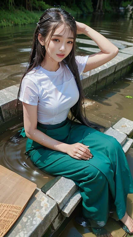 no upper floor;  A beautiful Burmese woman in a long skirt takes a relaxing bath by the river.  I took a shower and my whole body was wet. No top, but my breasts were covered with a long skirt