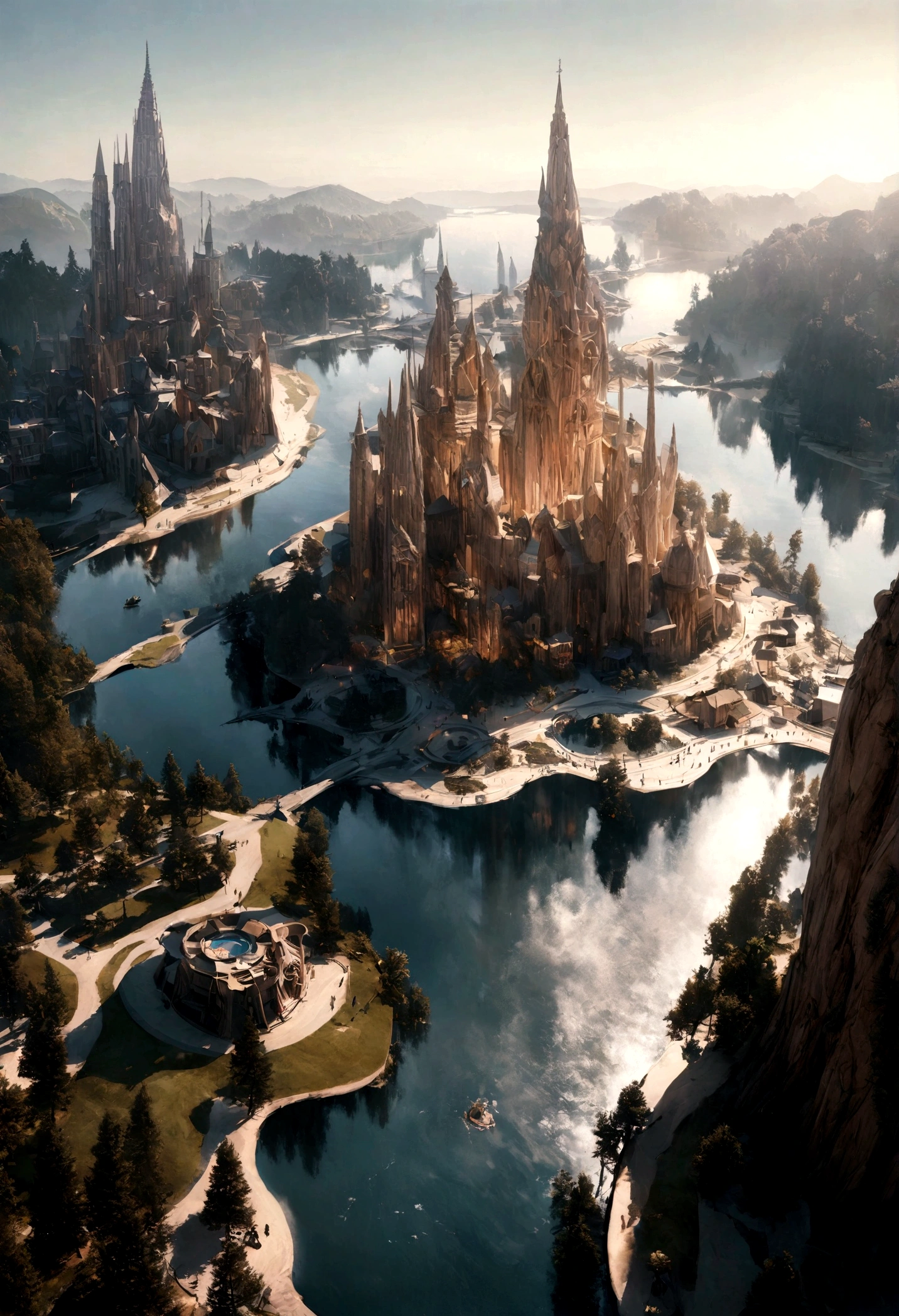 realistic, masterpiece, best quality, high quality, 8k, city in the tree, tree standing on lake, big tree, fantastic city like harry potter.