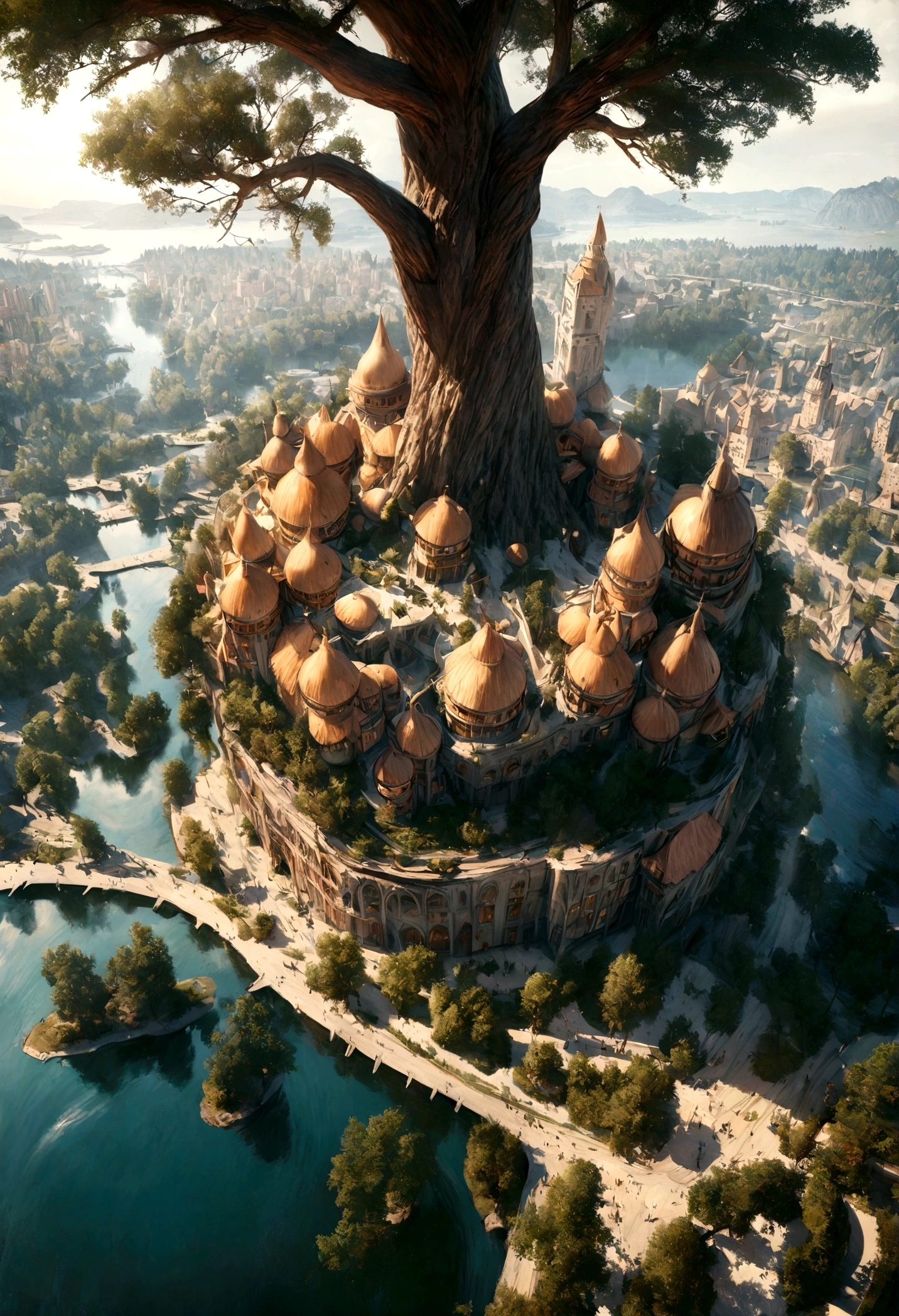 realistic, masterpiece, best quality, high quality, 8k, city in the tree, tree standing on lake, big tree, fantastic city like harry potter.