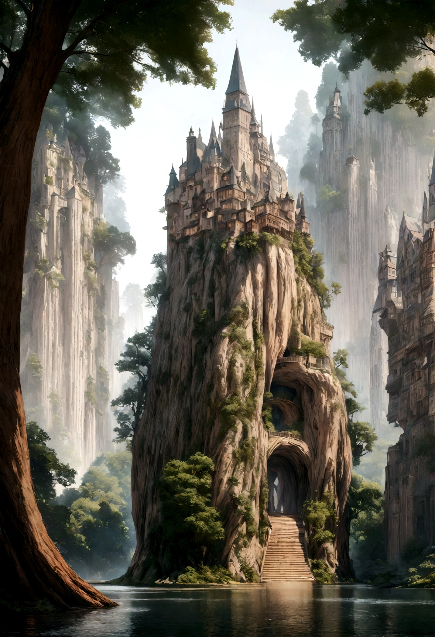 realistic, masterpiece, best quality, high quality, 8k, city in the tree, tree standing on lake, big tree, fantastic city like harry potter.