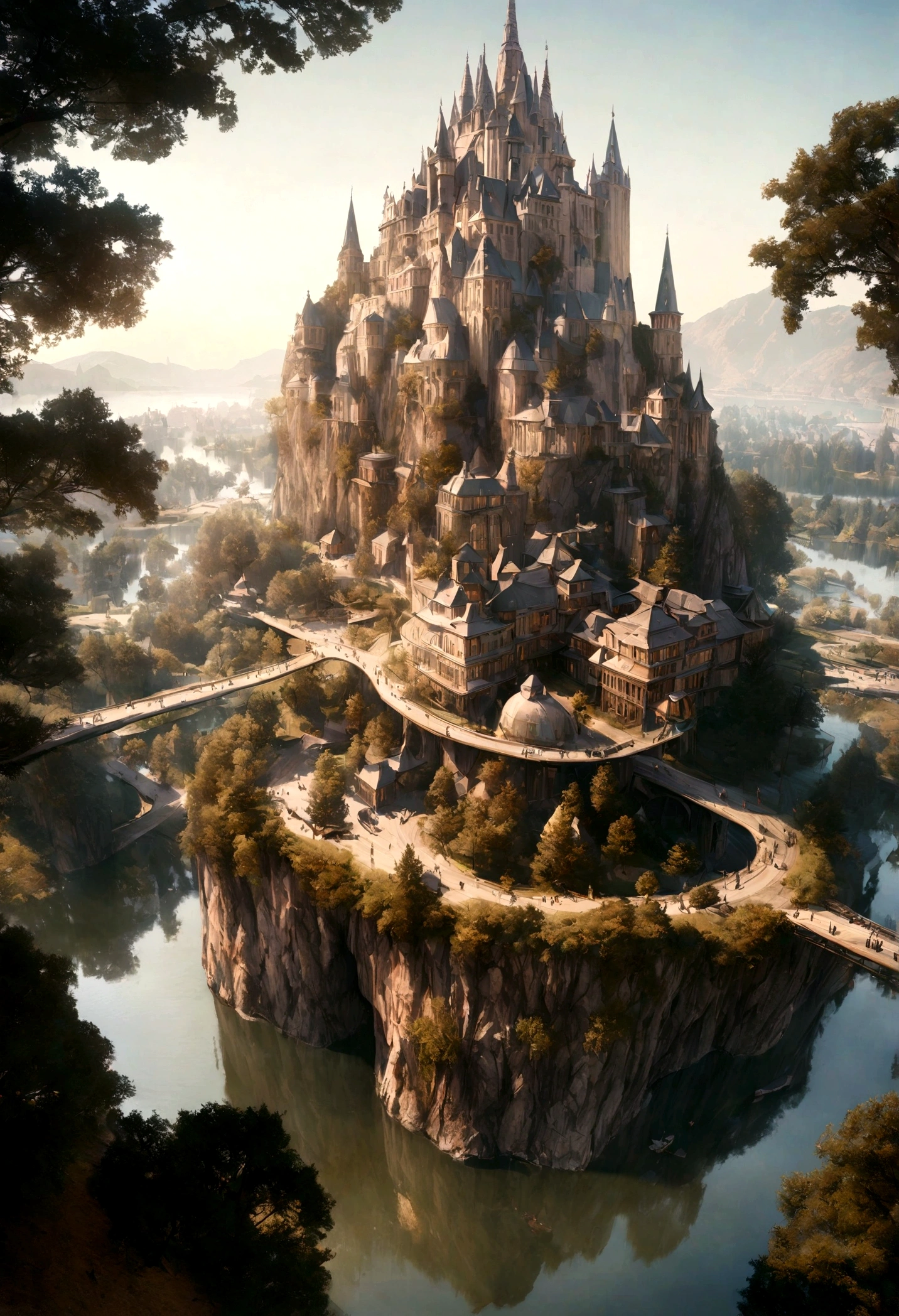 realistic, masterpiece, best quality, high quality, 8k, city in the tree, tree standing on lake, big tree, fantastic city like harry potter.