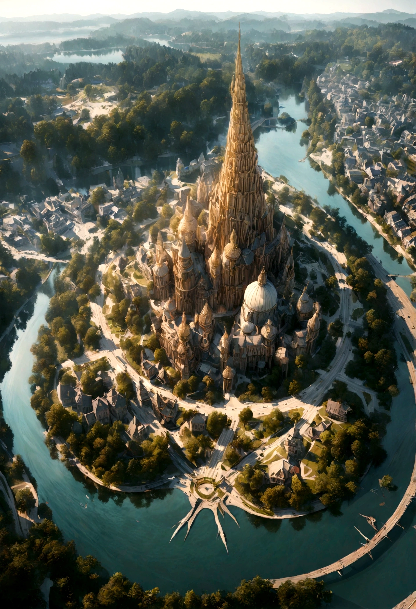 realistic, masterpiece, best quality, high quality, 8k, city in the tree, tree standing on lake, big tree, fantastic city like harry potter.