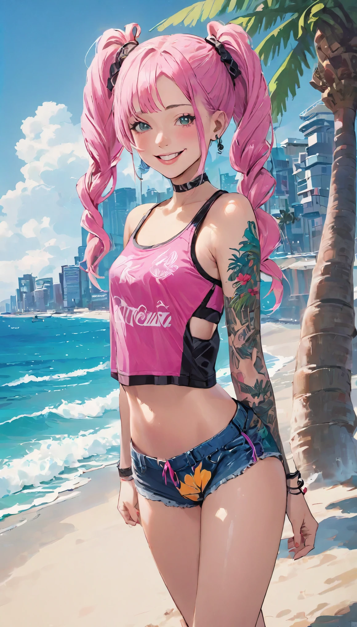 Beautiful woman with long hair in pink pigtails、Cyberpunk Shorts, tattoo, wild,Staring at the audience、Positive、smile、Sea side、Palm tree
