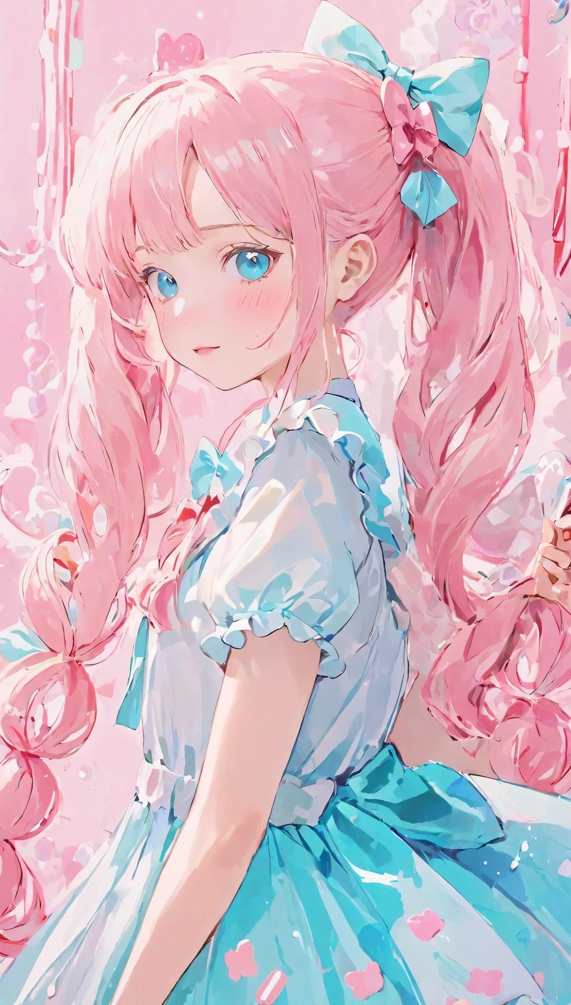 anime girl with long hair and a bow in a dress, pretty girl, Cute Anime Girl, Pink pigtails and cyan eyes, Cute realistic portrait, Cute anime manga style, Candy Girl, Soft anime illustration, Cute Anime Girl portraits, Candy Pastel, , Splash art anime , Magical Girl Portrait, Cute Anime Girl portrait