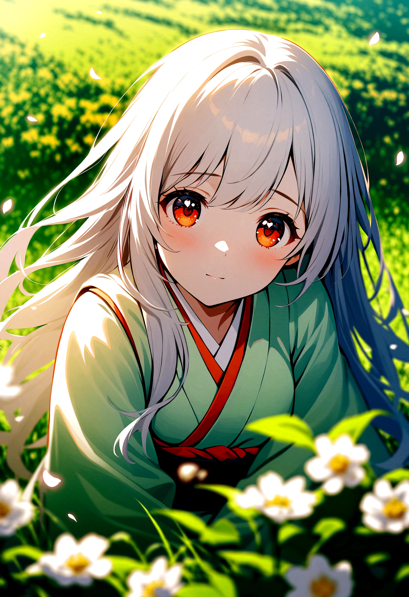 1girl,long hair,white hair,orange eyes,heart-shaped eyes,in spring,in a meadow,rim light,ban,japanese_clothes,blurry,blurry_foreground,falling petals,