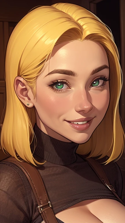 A close-up of a woman in a sweater, uma garota, uma beautiful mulher com cabelo castanho, uma cute young garota loira, She is blonde, uma mulher loira, uma jovem loira, brown head, decote, one is short blonde blonde, sardas fofas, lindo sorriso sedutor, com cabelos loiros e olhos verdes, linda e sorridente, sorrindo sedutoramente.
