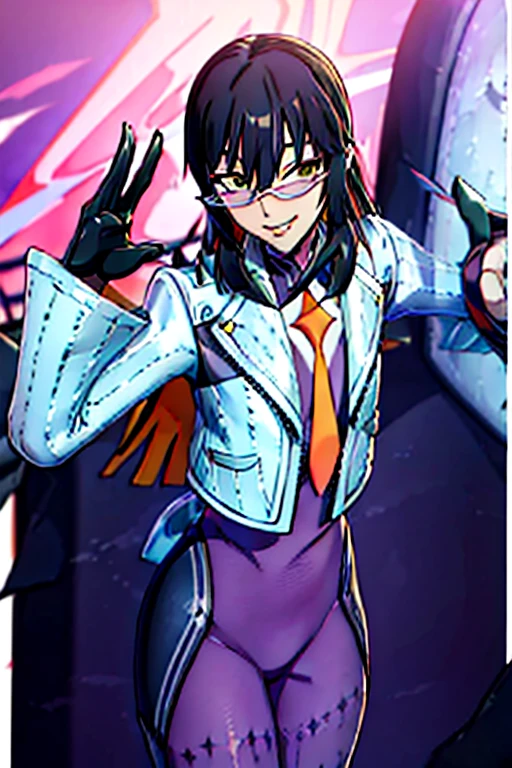 Daraku, best quality, glasses, smile, masterpiece, cowboy shot, boots
