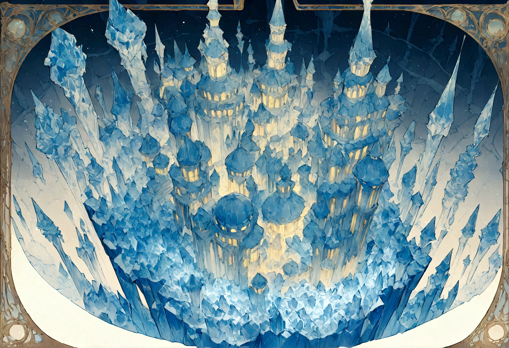 Isometric view of a castle made of ice, And around it, Ice maze. Art Nouveau ice castle, Many circular towers and thick walls made of ice bricks. Dimly lit windows and asymmetrical distribution, Very detailed.