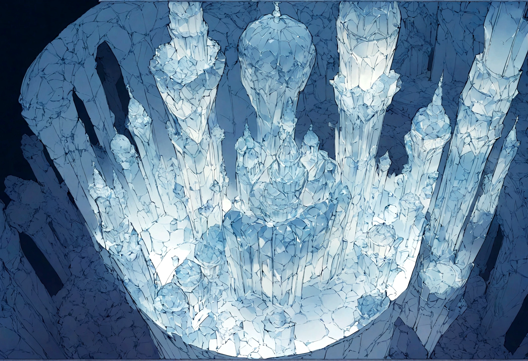 Isometric view of a castle made of ice, And around it, Ice maze. Art Nouveau ice castle, Many circular towers and thick walls made of ice bricks. Dimly lit windows and asymmetrical distribution, Very detailed.