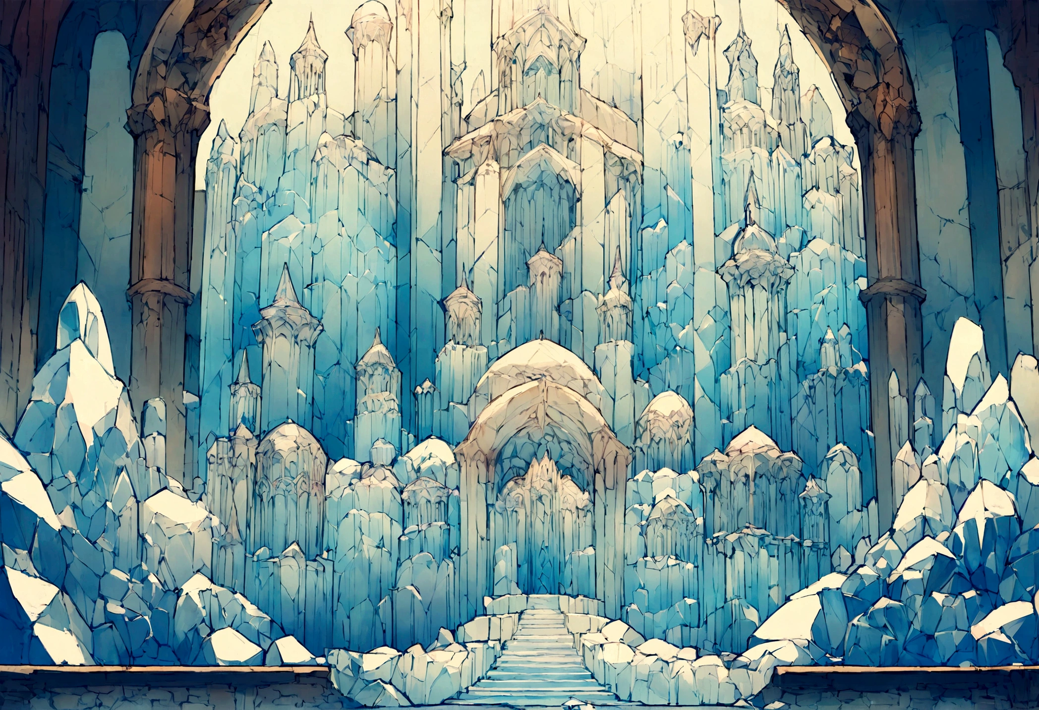 Isometric view of a castle made of ice, And around it, Ice maze. Art Nouveau ice castle, Many circular towers and thick walls made of ice bricks. Dimly lit windows and asymmetrical distribution, Very detailed.