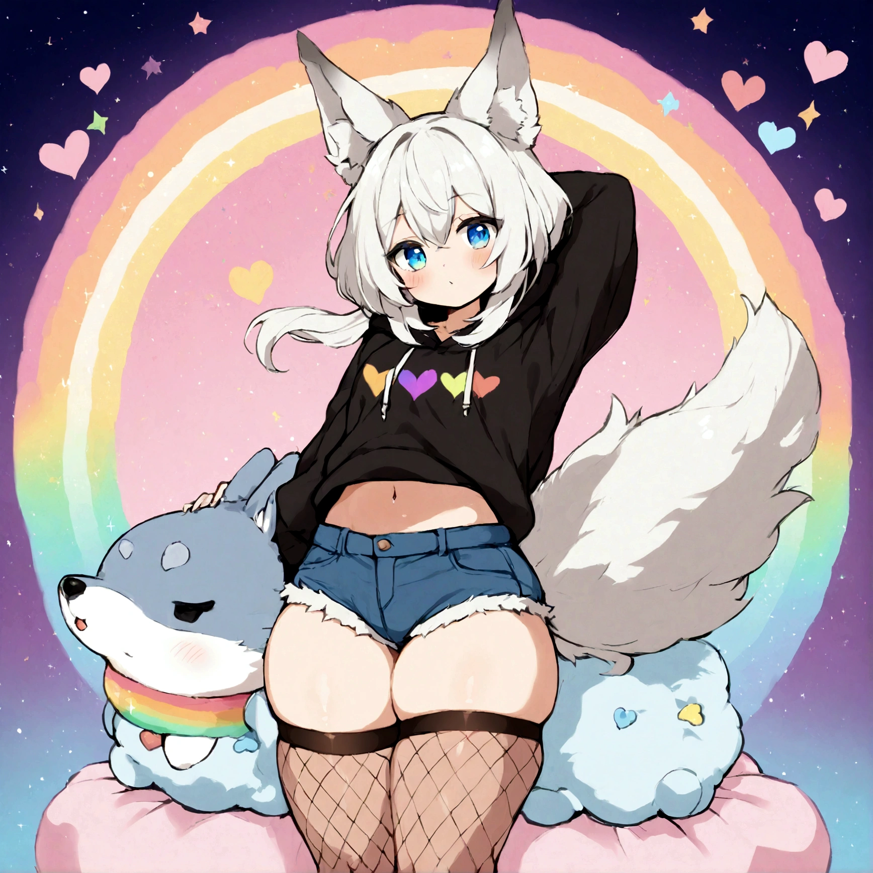 a cute adult male with wolf ears,long white hair with long locks, has a wolf tail, wearing a loose cropped oversized black hoodie, wearing a pair of denim short shorts and thigh high fishnet stockings, thick thighs, wide hips, relaxing on mound of fluffy multi colored kawaii plushies, short, very slim, showing slender tummy, stretching out, heart on hoodie, squishy thighs, has glowing blue eyes. alone, solo (ALONE)(SOLO), surrounded by rainbows, colorful galaxy backround, nice