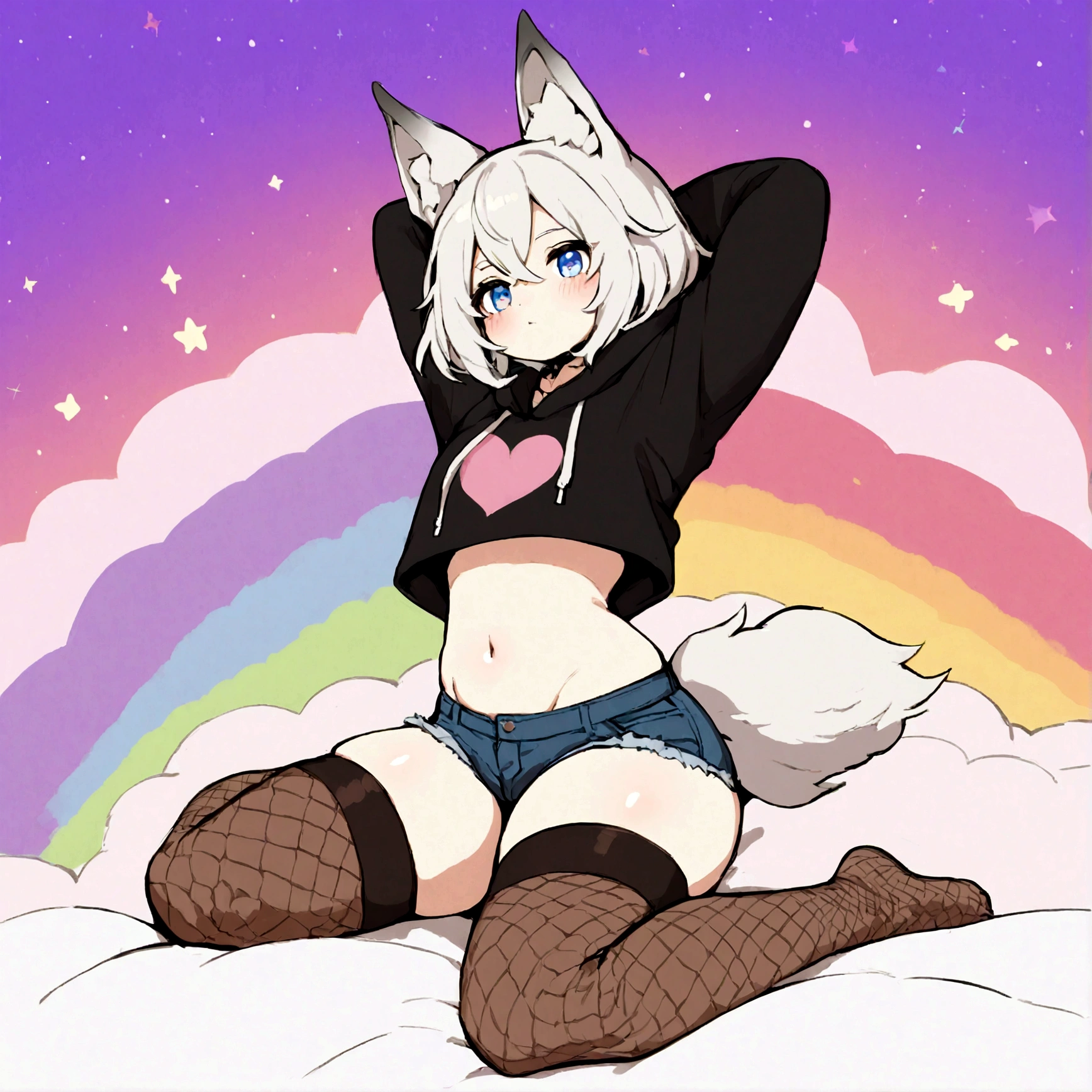 a cute adult male with wolf ears,long white hair with long locks, has a wolf tail, wearing a loose cropped oversized black hoodie, wearing a pair of denim short shorts and thigh high fishnet stockings, thick thighs, wide hips, relaxing on mound of fluffy multi colored kawaii plushies, short, very slim, showing slender tummy, stretching out, heart on hoodie, squishy thighs, has glowing blue eyes. alone, solo (ALONE)(SOLO), surrounded by rainbows, colorful galaxy backround, nice butt