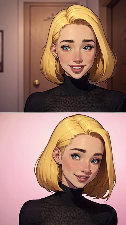 A close-up of a woman in a sweater, uma garota, uma beautiful mulher com cabelo preto, uma cute young garota loira, She is blonde, uma mulher loira, uma jovem loira, black head, decote, one is short blonde blonde, sardas fofas, lindo sorriso sedutor, com cabelos loiros e olhos verdes, linda e sorridente, sorrindo sedutoramente. Jennifer Connelly 