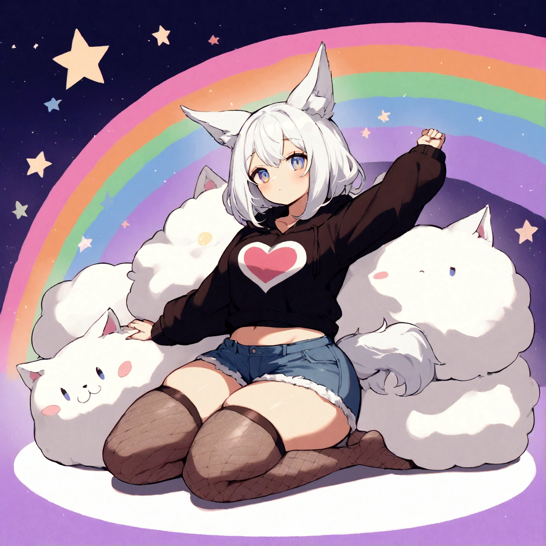 a cute adult male with wolf ears,long white hair with long locks, has a wolf tail, wearing a loose cropped oversized black hoodie, wearing a pair of denim short shorts and thigh high fishnet stockings, thick thighs, wide hips, relaxing on mound of fluffy multi colored kawaii plushies, short, very slim, showing slender tummy, stretching out, heart on hoodie, squishy thighs, has glowing blue eyes. alone, solo (ALONE)(SOLO), surrounded by rainbows, colorful galaxy backround, nice butt