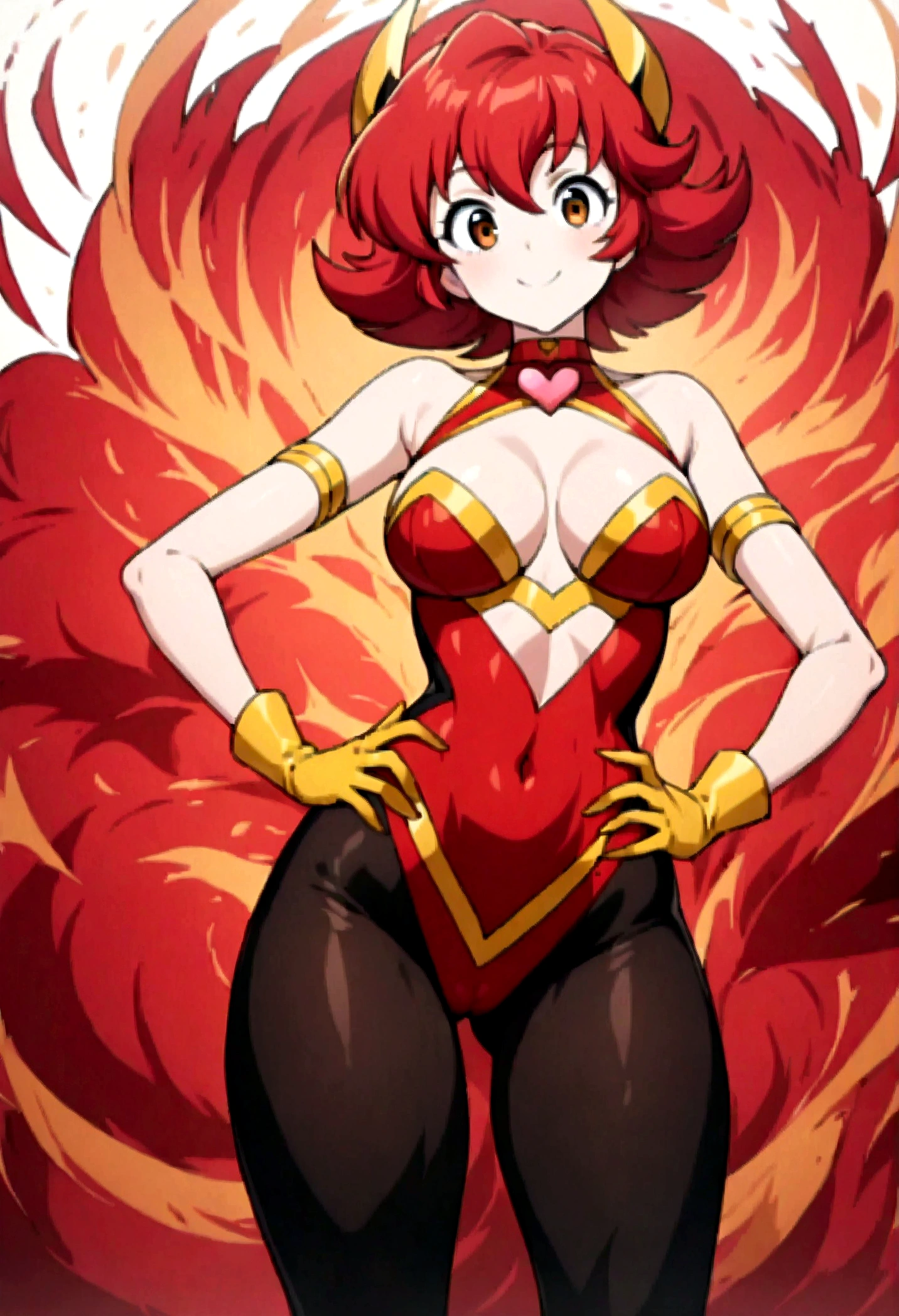 (Masterpiece, top quality, high resolution)), ((highly detailed CG unified 8K wallpaper)), (huge stunning goddess shot, very hot and sexy, jaw-dropping beauty, perfect proportions, beautiful body, slim body beauty:1.1), 1 woman, cutie honey, Red hair, short hair, big eyes, staring at camera, (red tops, cleavage cutout, bare shoulders, bare backs, black leggings, choker with heart symbol, gold long gloves, gold boots, armlet), (hands on hips Standing with feet spread apart:1.8), (simple background, white background:1.5), front view, smile, Exploding cloth,