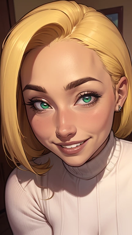 A close-up of a woman in a sweater, uma garota, uma beautiful mulher com cabelo castanho, uma cute young garota loira, She is blonde, uma mulher loira, uma jovem loira, brown head, decote, one is short blonde blonde, sardas fofas, lindo sorriso sedutor, com cabelos loiros e olhos verdes, linda e sorridente, sorrindo sedutoramente.