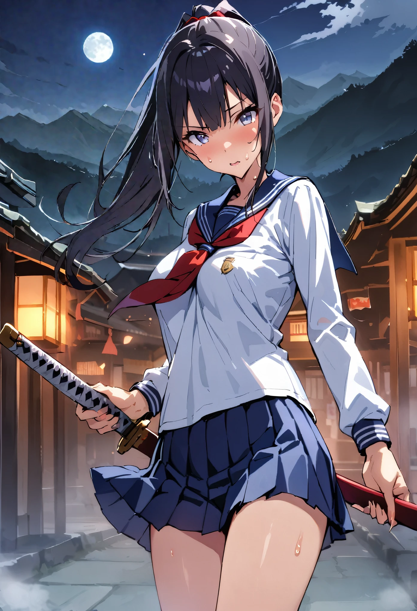 (((masterpiece, highest quality,absurdres))),cowboy shot,20 year old beauty,solo,((very small head:1.3)),ponytail hair style,long hair,blunt bangs,black hair,glay eyes,medium breasts,((very long body)),((slender body)),skinny,gleaming skin,shiny skin,sweat, ,(School uniform、Sailor suit、Navy blue pleated mini skirt),Fighting stance with a Japanese sword、1Holding a Japanese sword ,shrine、Mountainous area、Late at night、moonlight、