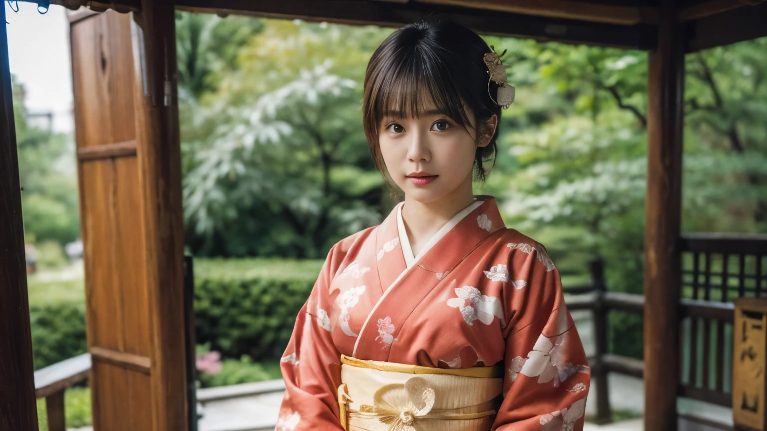 Highly detailed 8k wallpaper, with the best quality, super detailed pussy, Representative works, Reality, realistic pictures, Highly detailed cute girl, 25 years old, ((japanese, kimono, rush)) , round eyes, hair ornaments, Are standing, Upper body