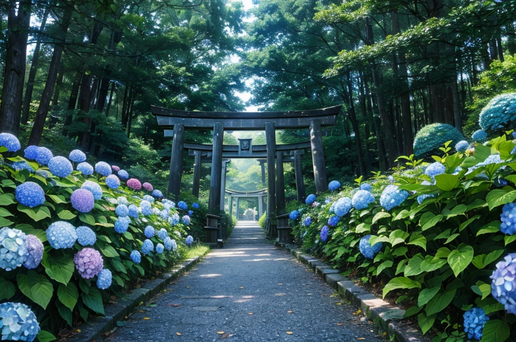 torii, hydrangea, forest