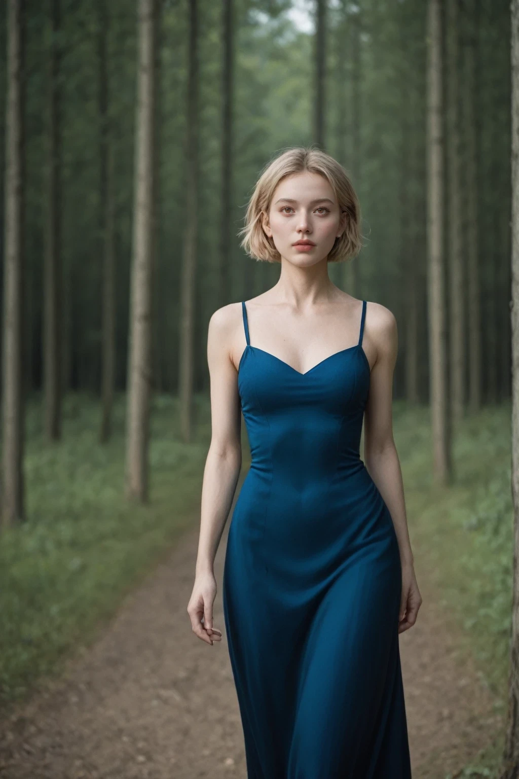 score_9, score_8_up, score_7_up, BREAK,
 best_quality, hyper_realistic, 25-year-old Ukrainian woman, skin texture, high detail face, messy short blonde hair, hazel eyes, pale skin, tall slender body, walking inside sunny forest, wearing all classic blue dress, front view, side view
