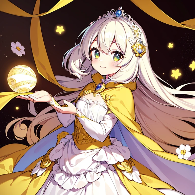 looking at viewer,(kawaii),(best quality),(ultra detailed), upper body,(rococo style),(long train pastel yellow cape:1.15), very long cape,(long train white ball gown with flower decorations:1.1), a girl is wearing a cape over her gown, 1 little princess, tiara, smile, very long hair, small breasts