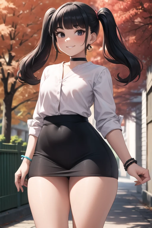 1 girl, solo, 25 year old girl, tall girl,
twintails, black hair, long hair, hair bangs,
black eyes, blush, freckles, thick eyebrows, thin nose, long eyelashes,
orange lips,
medium ass, small breasts, thick thighs, wide hips,
short blouse, white blouse,
microskirt,
choker, earrings, bracelets,
from front, looking the viewer, smile, standing,
street, at day, leaves falling, Cherry trees,